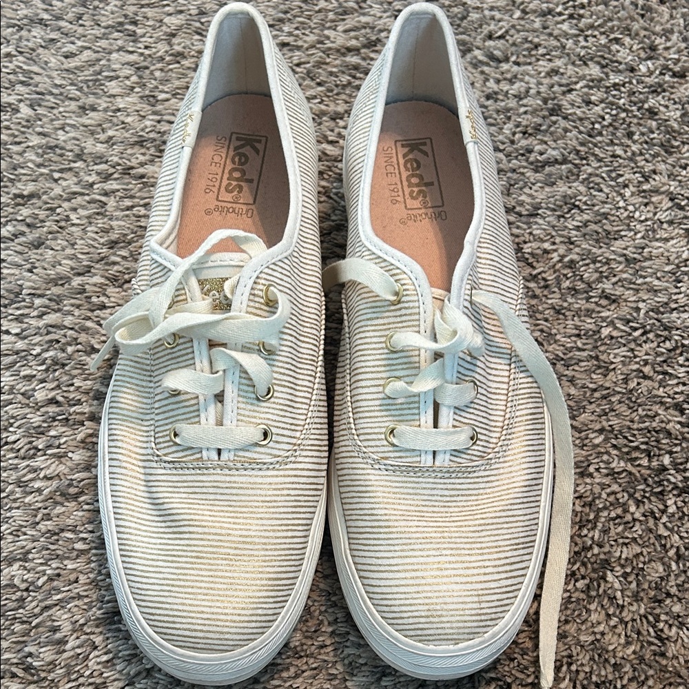Keds Women's Striped Canvas Sneakers in Gold,Cream and White, Women’s 10